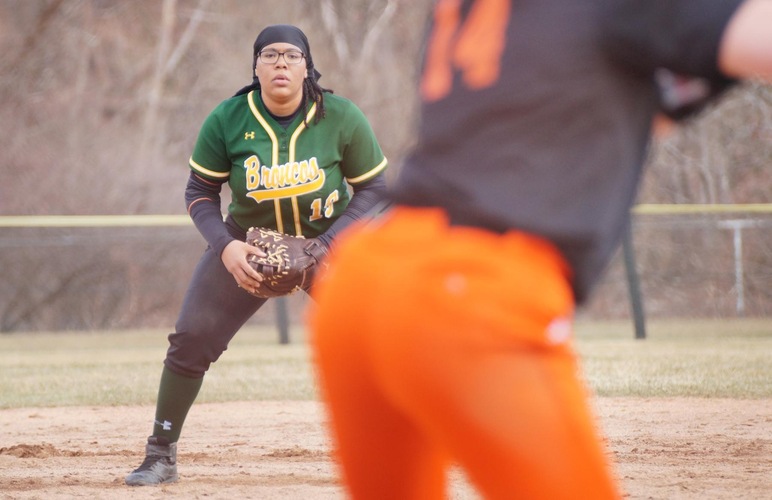 Dakota Baker ready to field at first base. 
